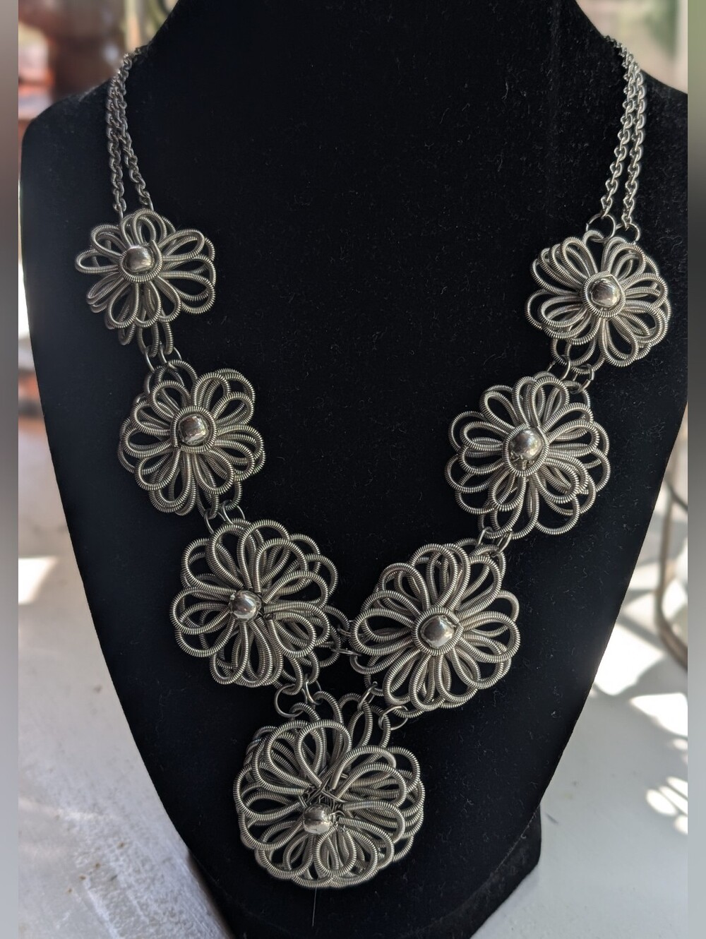 Vintage silver tone, 3-D floral bib necklace